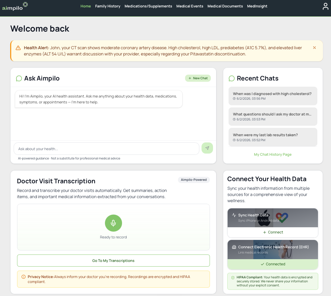 Aimpilo AI health assistant dashboard showing personal health records, medication tracking, and health alerts